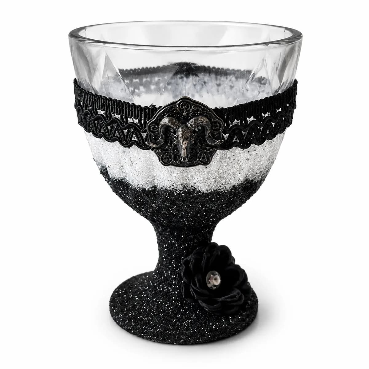 Taça Ornamentada Bicolor com Fita Preta, Cabeça de Boi e Rosa Preta com Pedra
