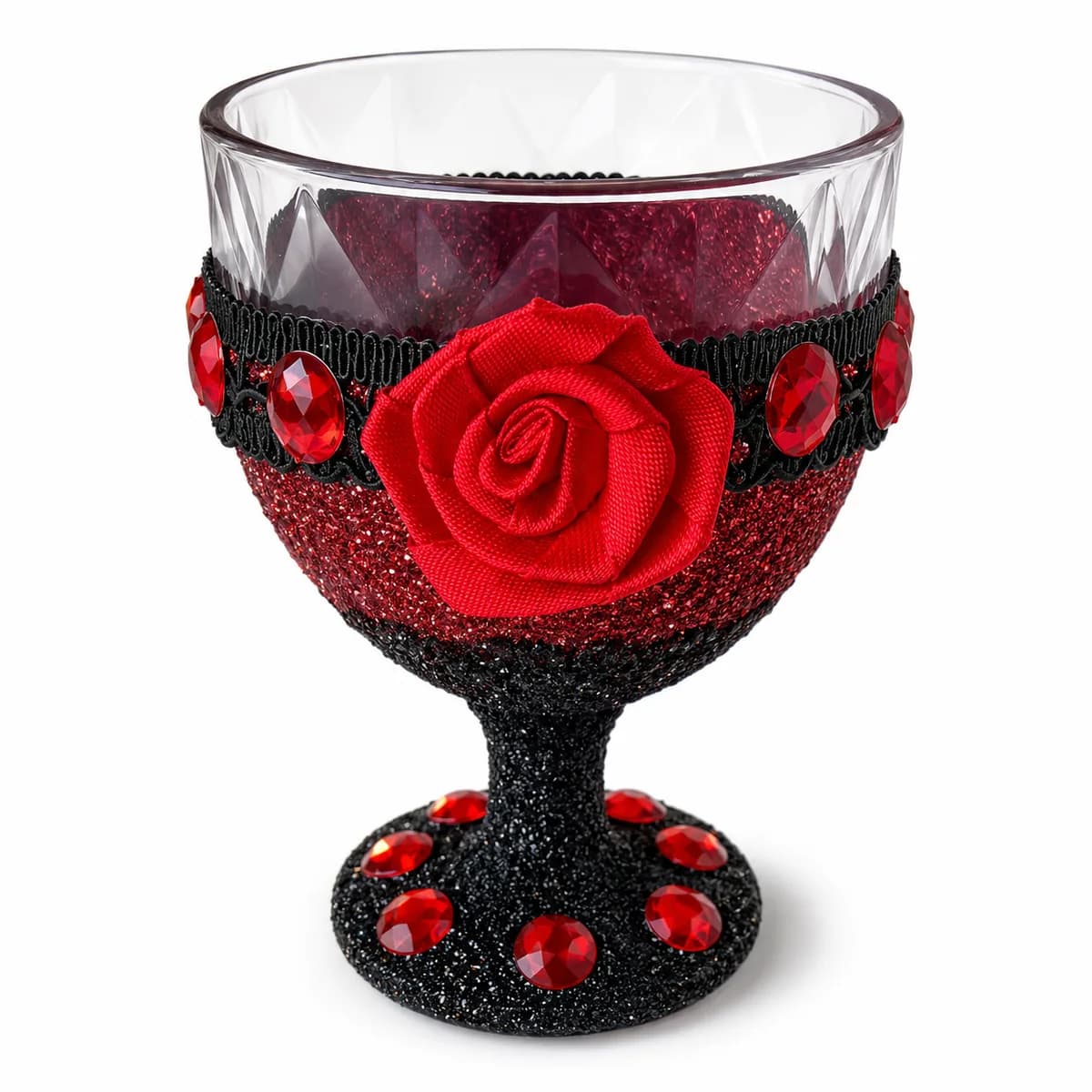 Taça Ornamentada Bicolor com Fita Preta com Pedras e Rosa Vermelhas