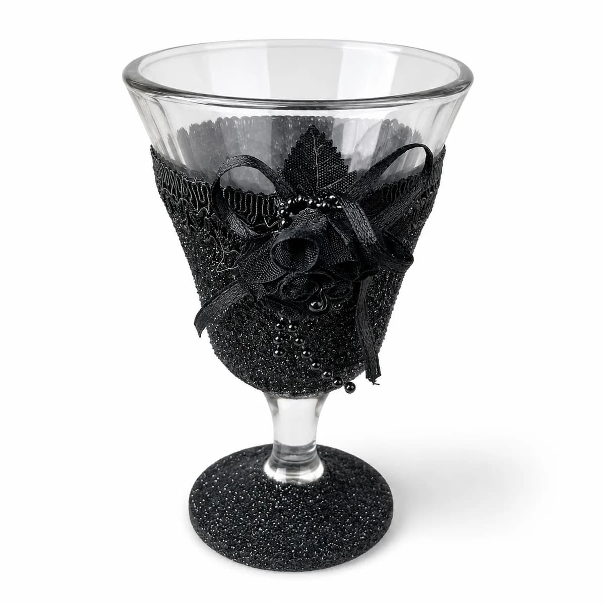 Taça Cálice Ornamentada Preta com Laço Preto e Flor Preta